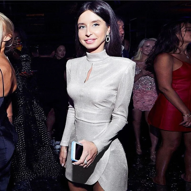 Bling Long Sleeve with Shoulder Pads Turtleneck Bodycon Mini Dress 2023 Fall Women Fashion Party Club  Streetwear