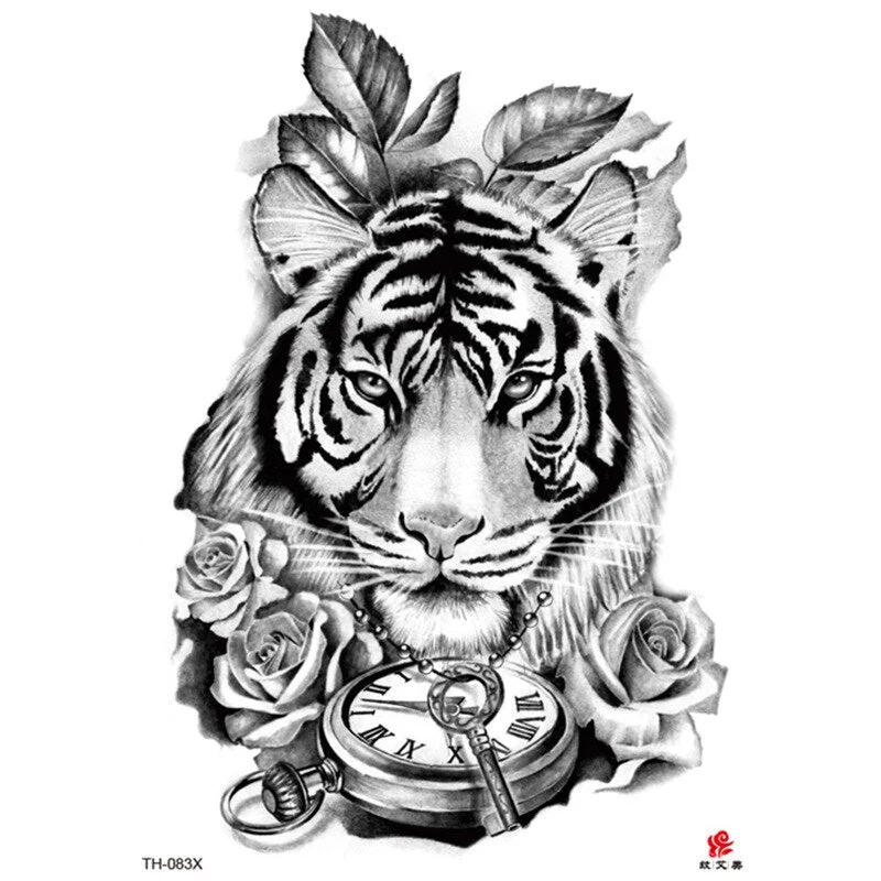 Waterproof Temporary Tattoo Sticker Lion King Clock Tiger Pattern Fake Tatto Black Body Art for Women Men Tattoo Sticker