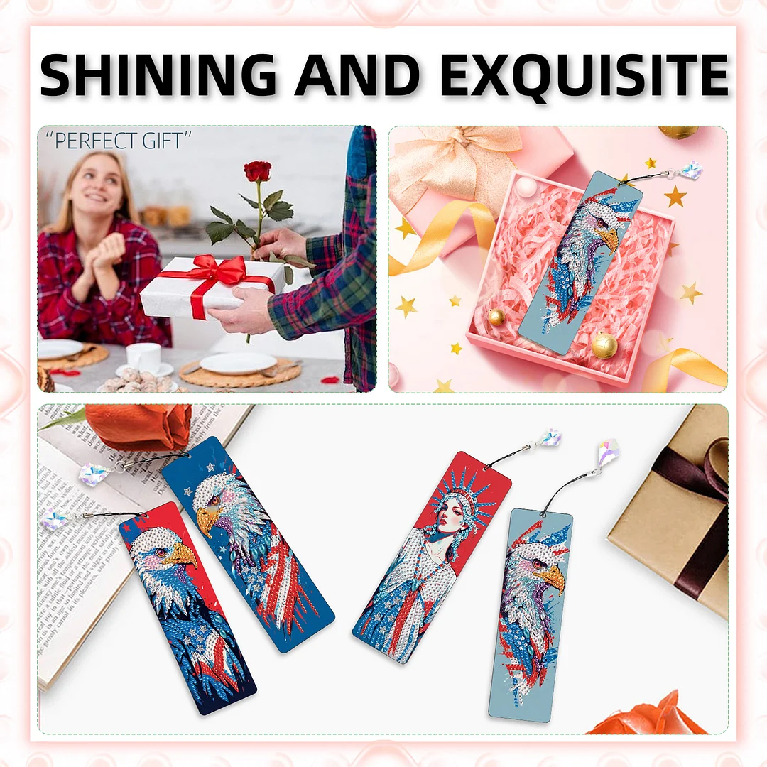 4Pcs Statue of Liberty and Eagle DIY Diamond Bookmark Art Projects Irregular Shaped Diamonds Diamond Painting Art Bookmarks with Crystal Pendants for DIY Making Beginners Adult Art Craft Supplies