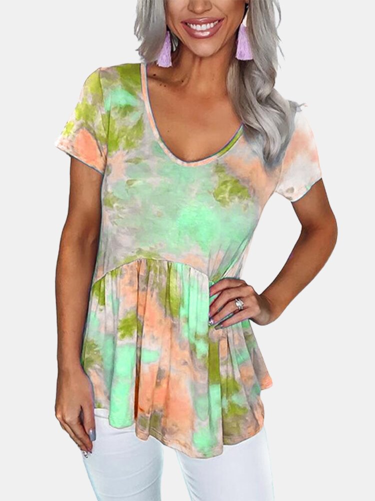 Ombre Printed Ruffle Hem V neck Short Sleeve T shirt P1719955
