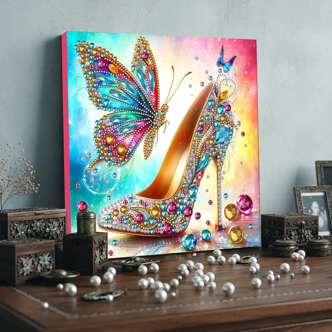 Butterfly High Heels Special Shaped DIY Large Diamond Painting Kit w/ Frame 9.84x9.84inch