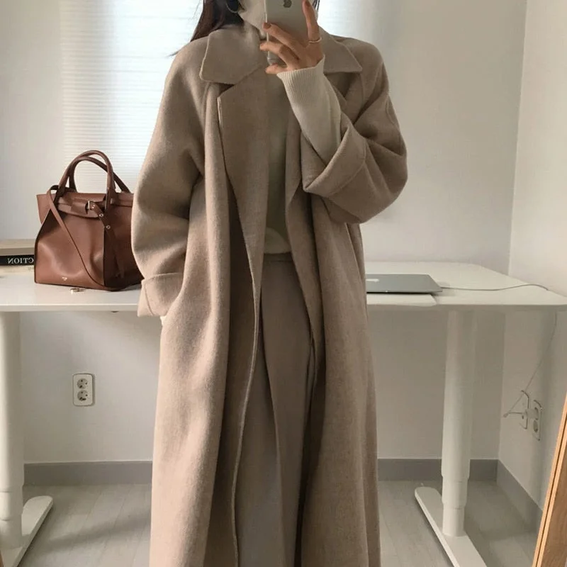 Aachoae Women Elegant Long Wool Coat With Belt Solid Color Long Sleeve Chic Outerwear Ladies Drop Shoulder Overcoat 2021