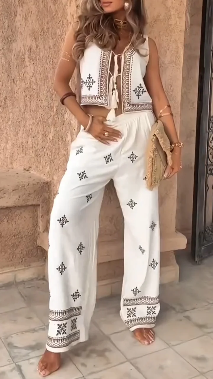 Ladies' Round Neck Vest Tassel Top+printed Pants Casual Suit