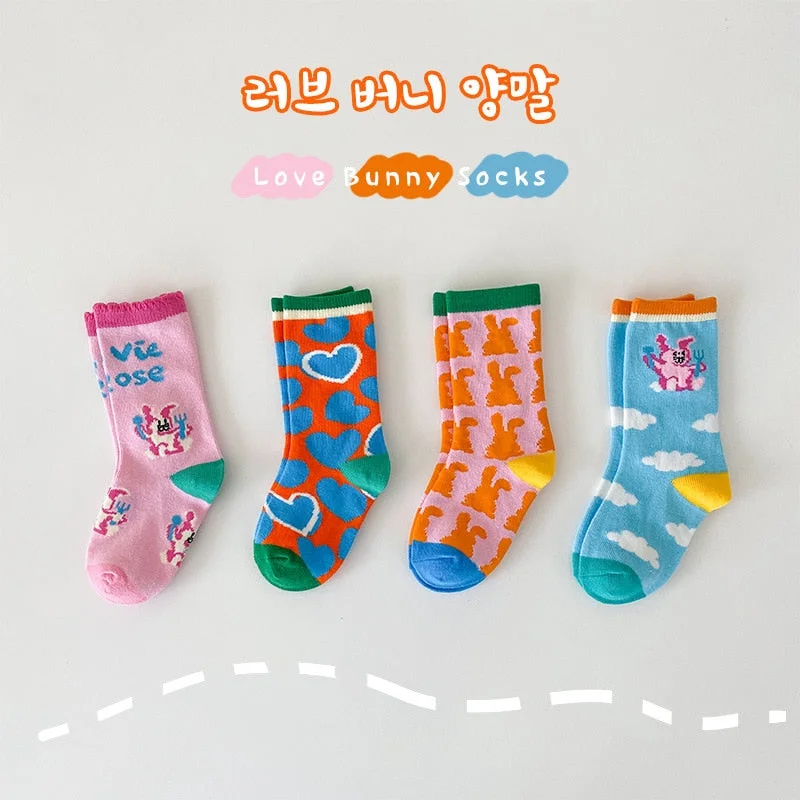 MILANCEL 2021 Autumn Kids Socks Cotton Bunny Sock Girls Love Print Sock 4Pairs a Lot