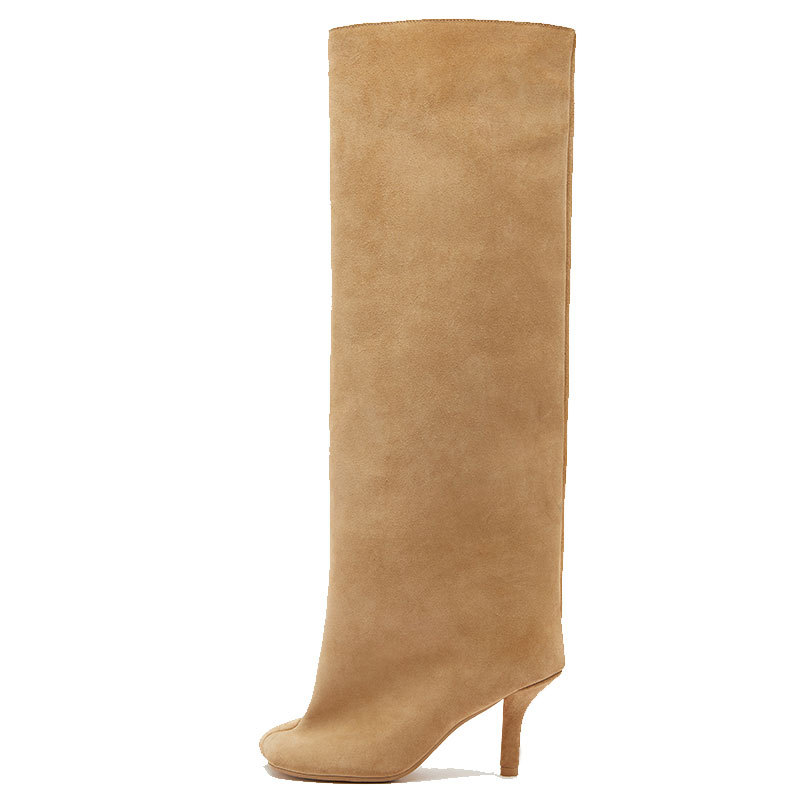 80mm Women's Suede Boots Square Toe Stiletto Heel  Knee Boots-MERUMOTE