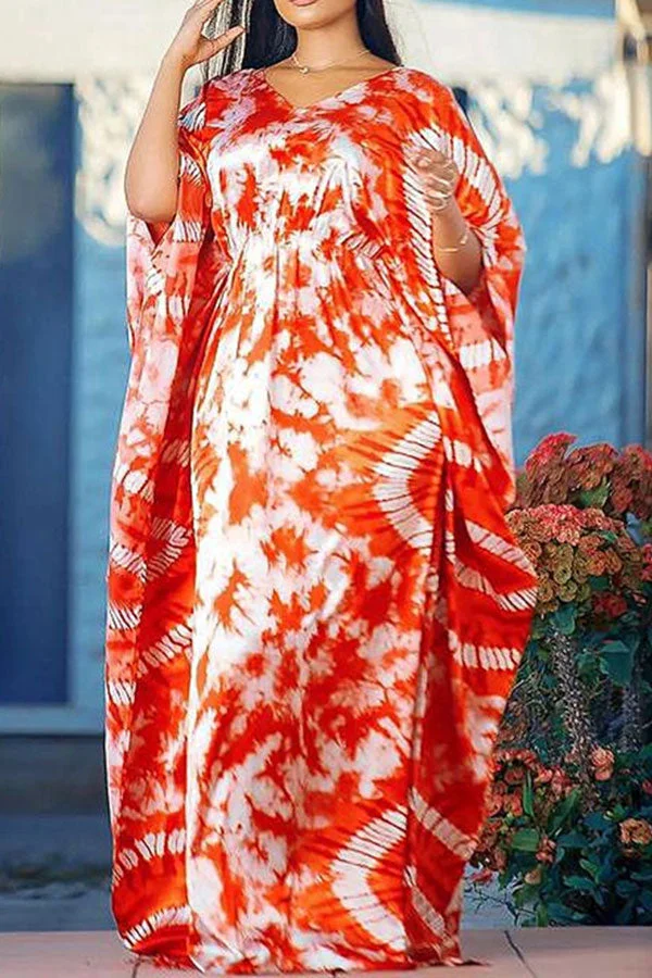 Tie Dye Feminine Batwing Sleeve Maxi Dress