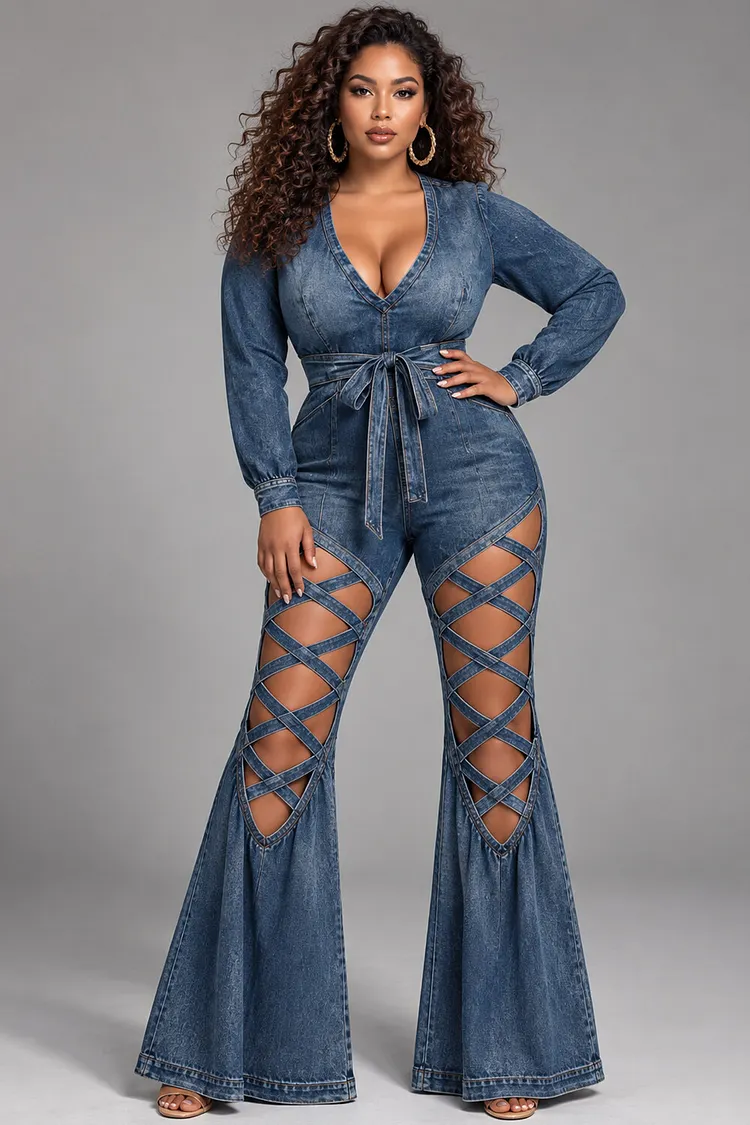 Xpluswear Design Plus Size Party Blue V Neck Long Sleeve See Through Wrap Denim Jumpsuits [Pre-Order] 2024 - Xpluswear