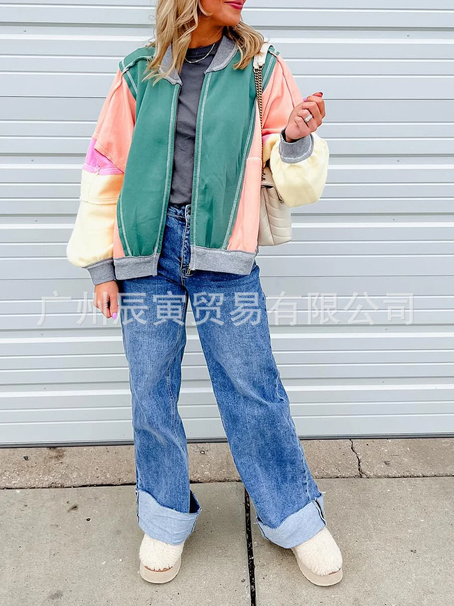 Toloer The Ins Hot Ladies Autumn Jacket Fresh Rainbow Color Pure Cotton Oversized Patchwork Baseball Suit-Outfit Ideas
