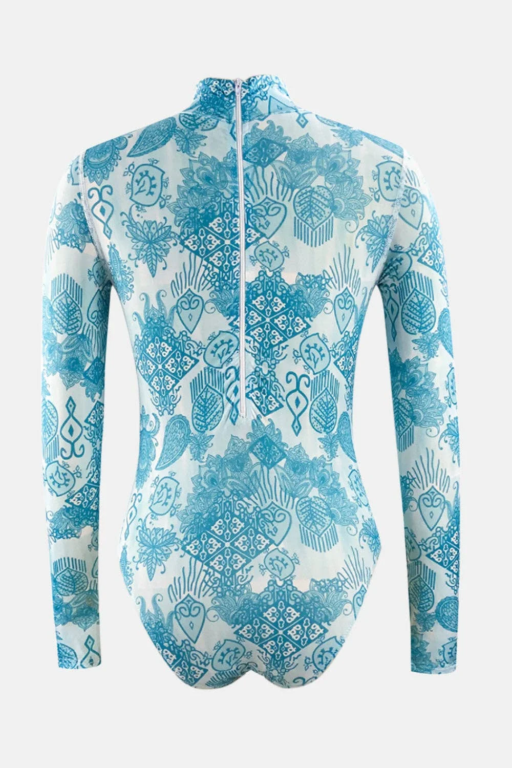 Printed Mock Neck Long Sleeve One-Piece Swimwear | IFYHOME