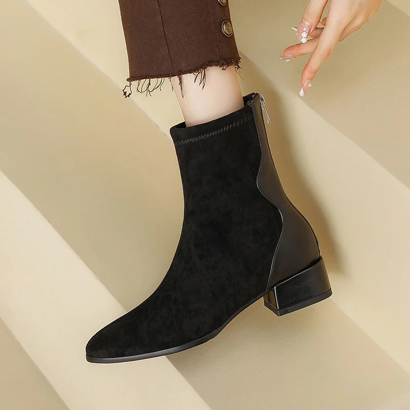 Breakj Breakj Suede Thick Heel Short Boots Female Autumn New Elastic Thin Boots Simple Round Head Western Boots Heel Plus Size
