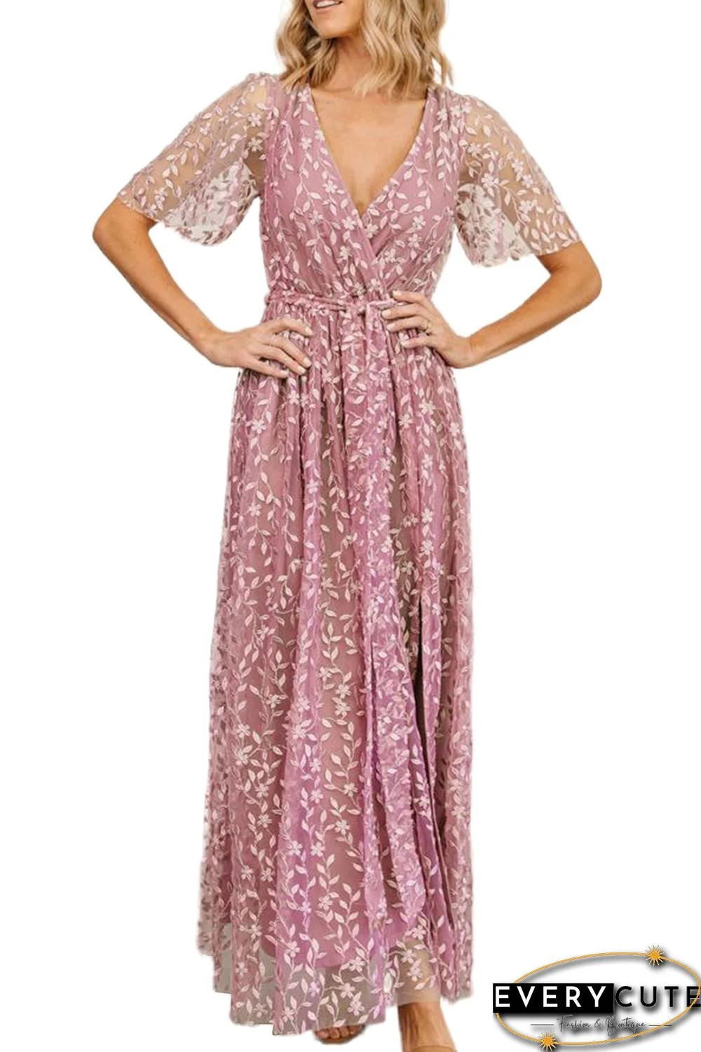 Pink Embossed Wrap V Neck Maxi Dress