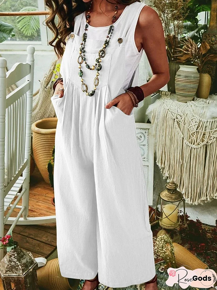 Summer Sexy Off Shoulder Loose Jumpsuit Vintage Cotton Linen Solid Playsuit Overalls Women Elegant Sleeveless Wide Legger Romper