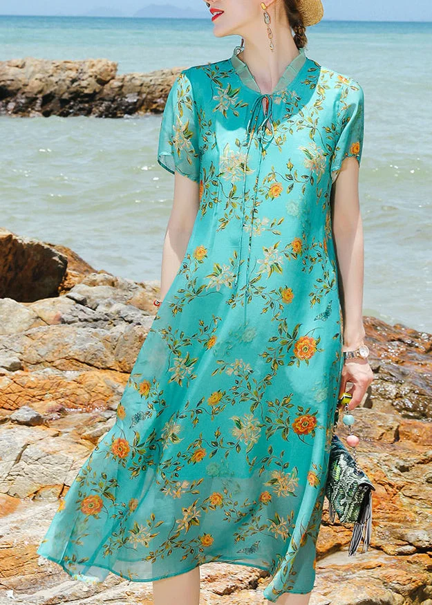 Women Green Stand Collar Lace Up Print Silk A Line Dress Short Sleeve