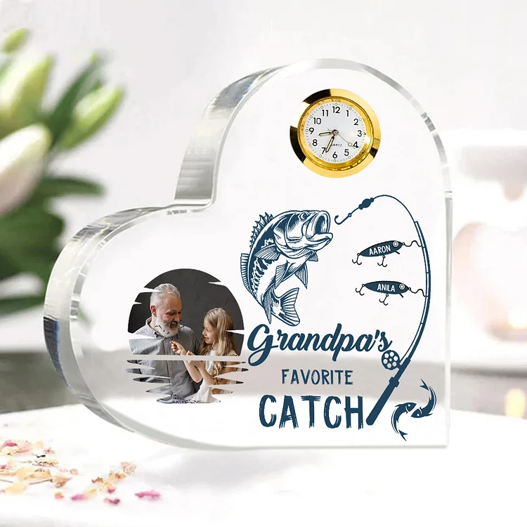 Personalized Heart Acrylic Clock Keepsake Engraved 2 Names Heart Photo Ornament Grandparents' Day Gift for Grandpa Dad Papa
