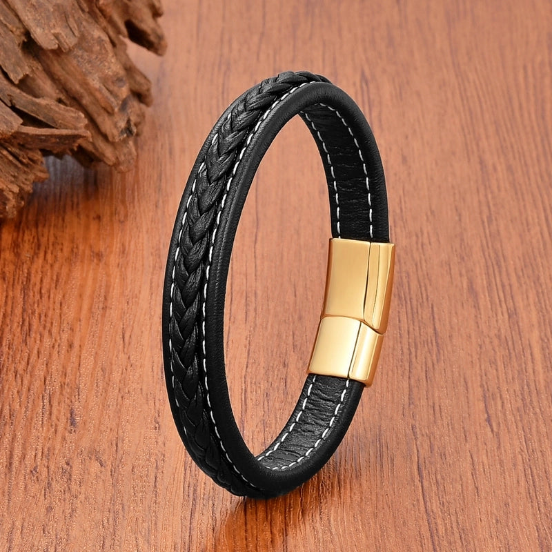 Minimalist Classic Style Commute Solid Color 316L Stainless Steel Leather Rope Unisex Bracelets