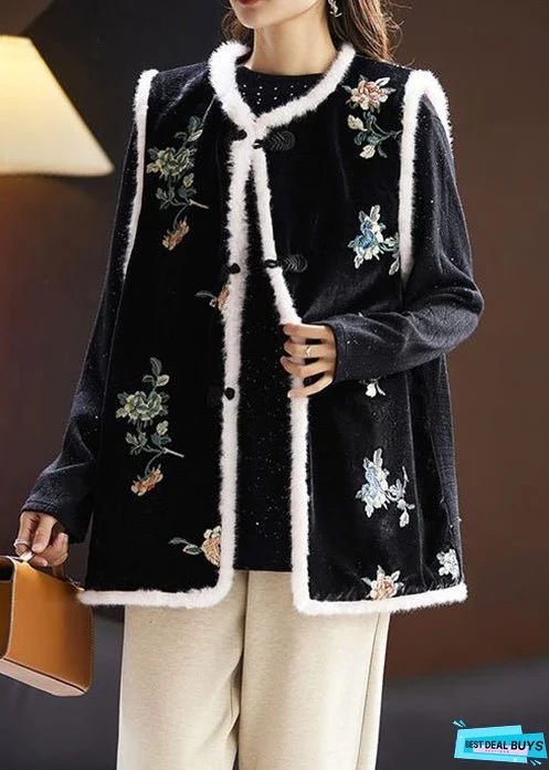 New Black Fluffy Embroideried Button Cotton Filled Waistcoat Sleeveless