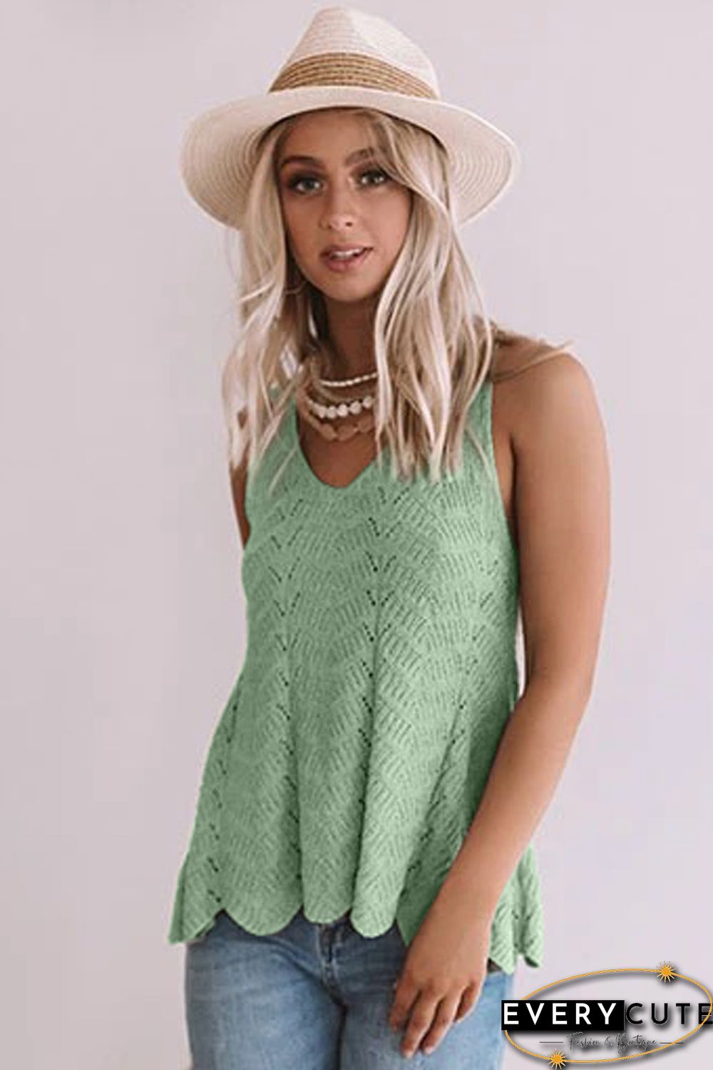 Green Flowy Scalloped Hemline Knit Tank Top