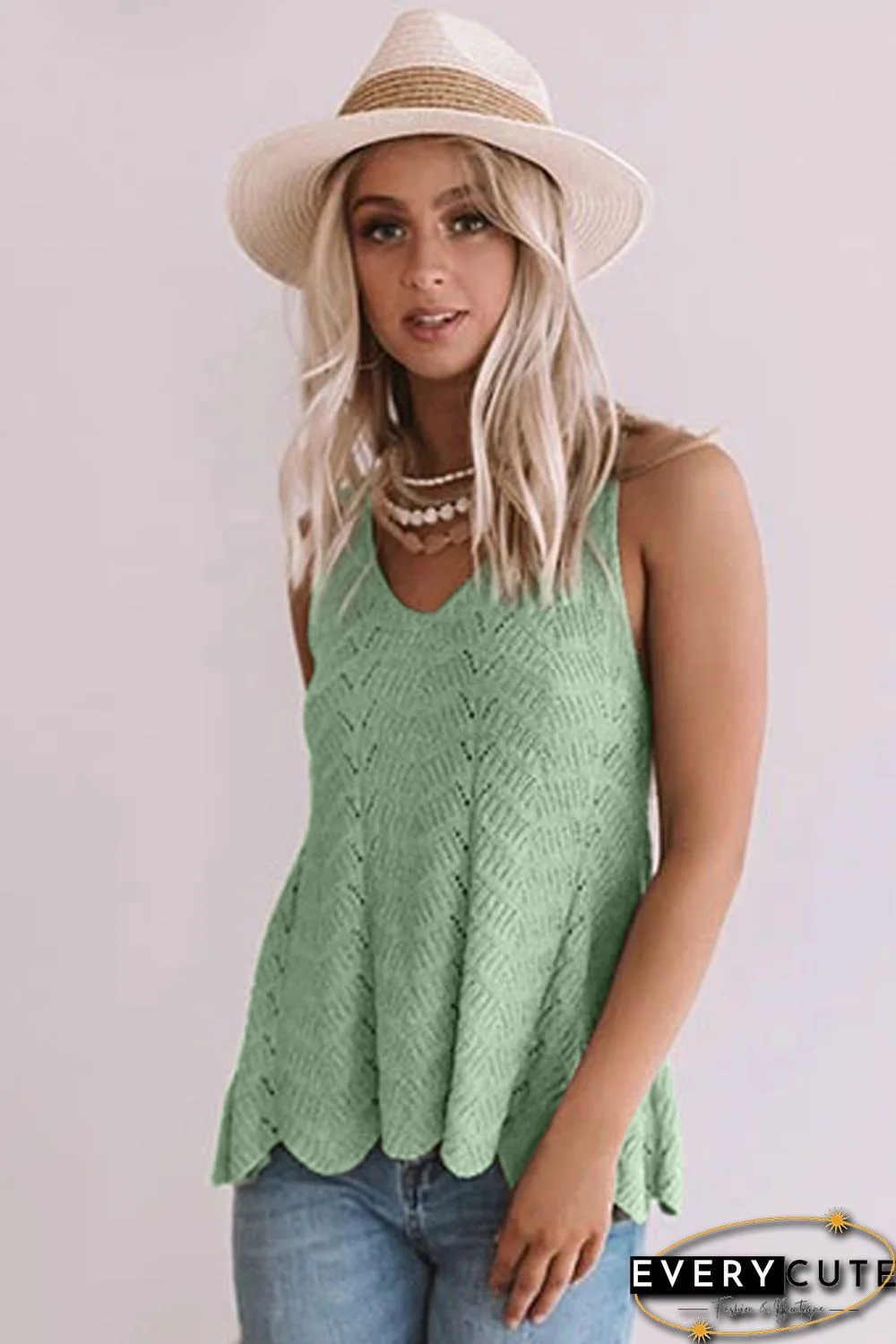Green Flowy Scalloped Hemline Knit Tank Top