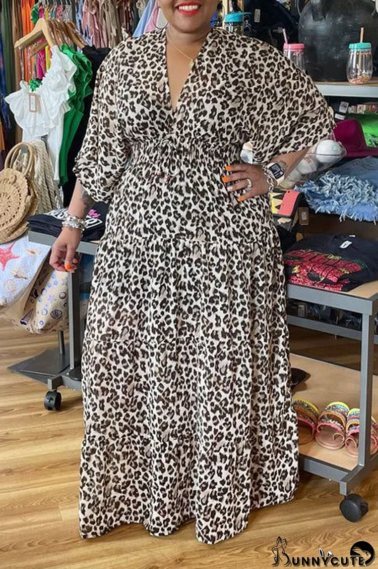 Grey Casual Print Leopard Patchwork V Neck Straight Plus Size Dresses