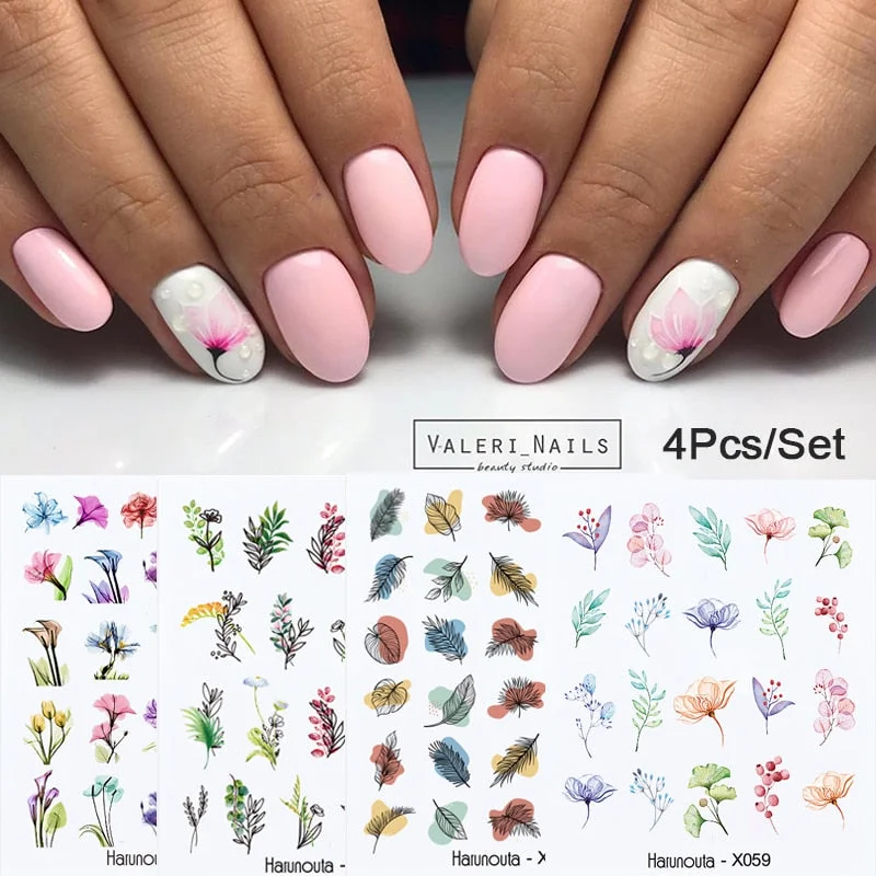 4Pcs/Set Flower Leaves Water Decasl Stickers Floral Geometric Lines Transfer Water Sliders For Nails Manicures Decoration