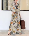 Cotton Linen Printed Lapel Long Sleeve Dress