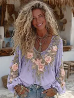 Vintage Pink Roses Flower Embroidered Linen Blend T-shirt - Image 5