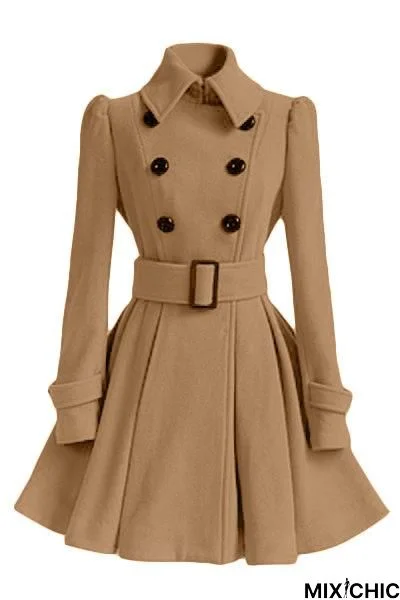 Fold Over Collar Ruffled Hem Belt Coat