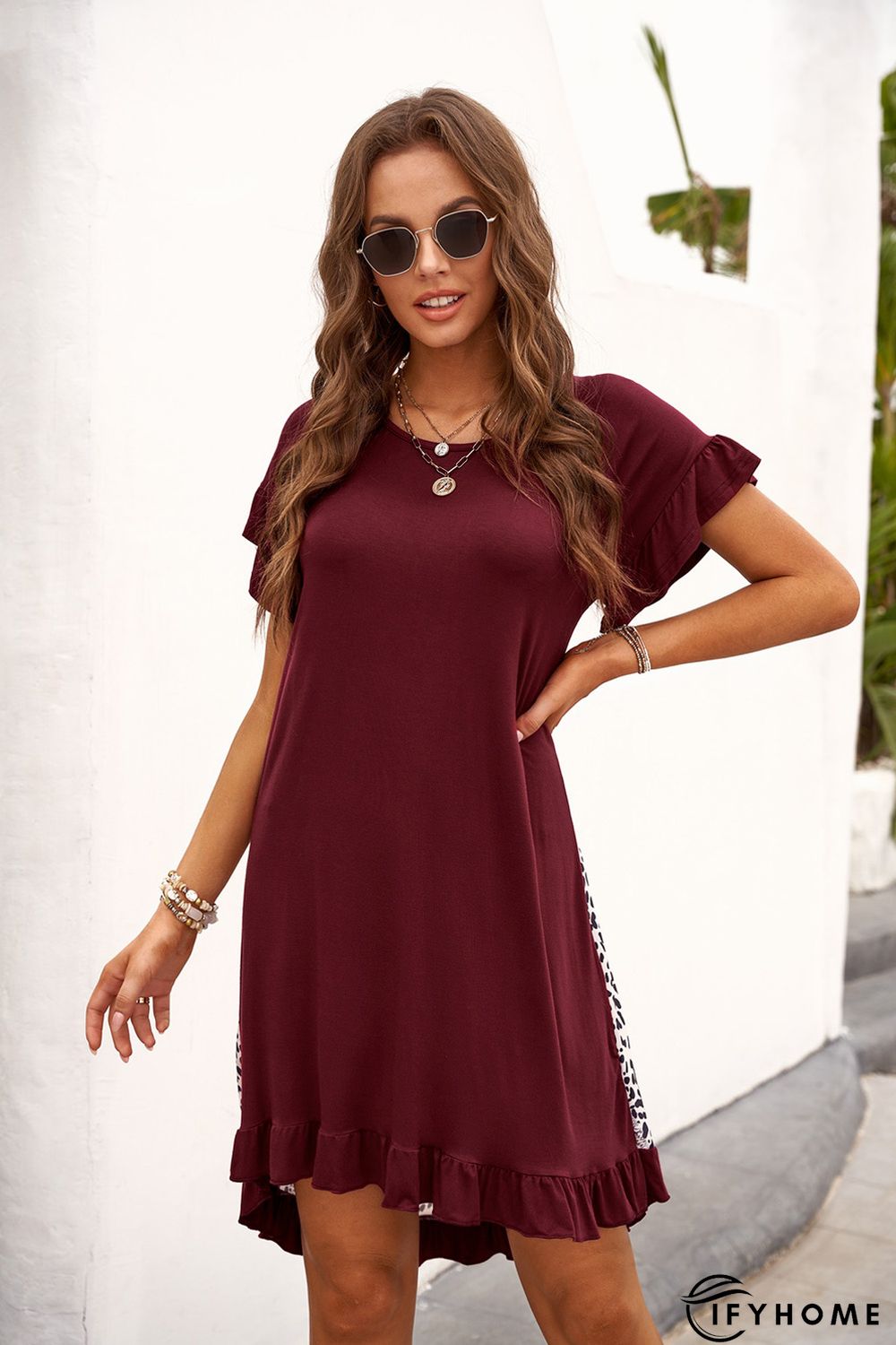 Wine Flounce Design Leopard Printed Short Sleeve Mini Dress | IFYHOME