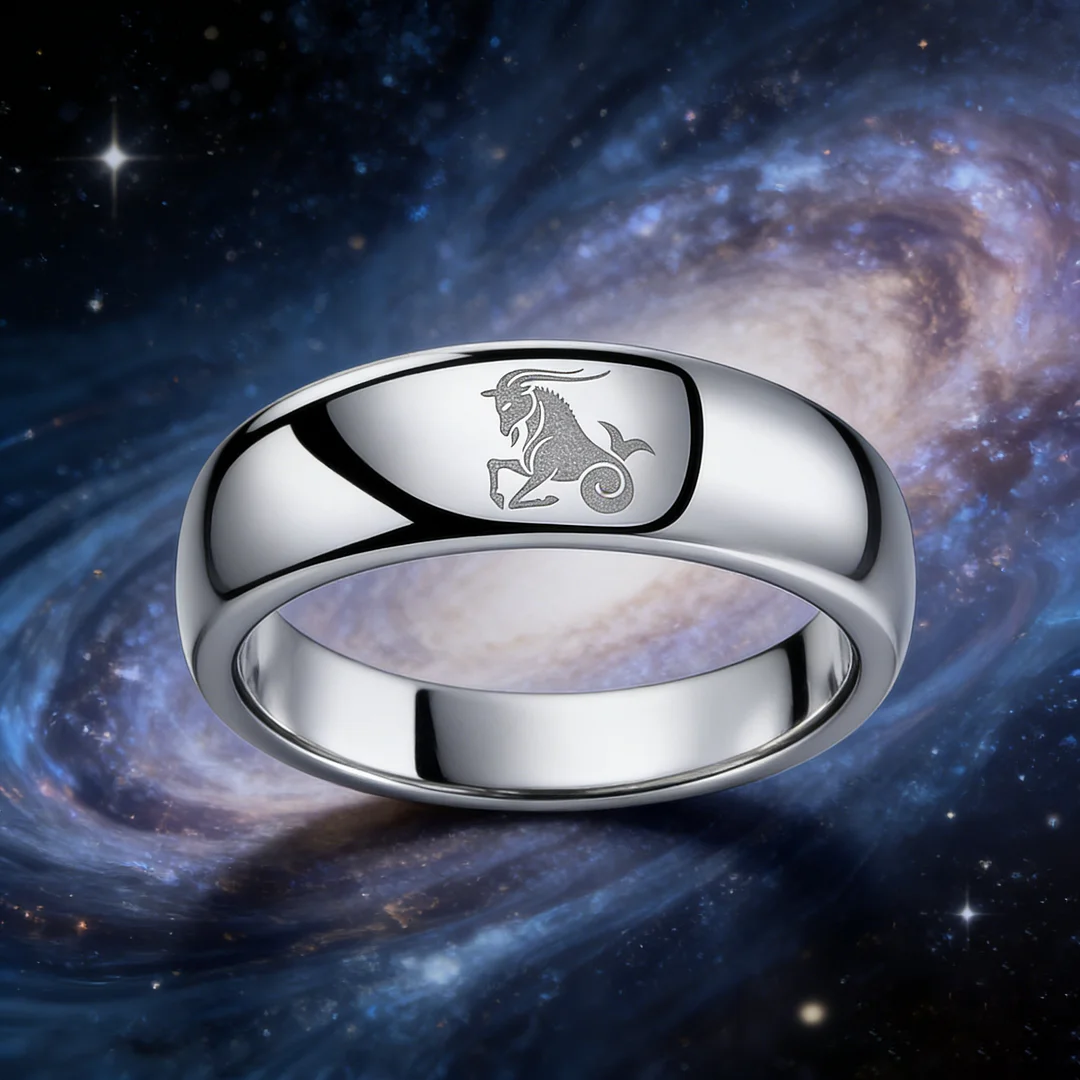 4MM 6MM 8MM Width Sliver Capricorn Tungsten Carbide Rings Prints Laser Design Domed Top Tungsten Wedding Bands