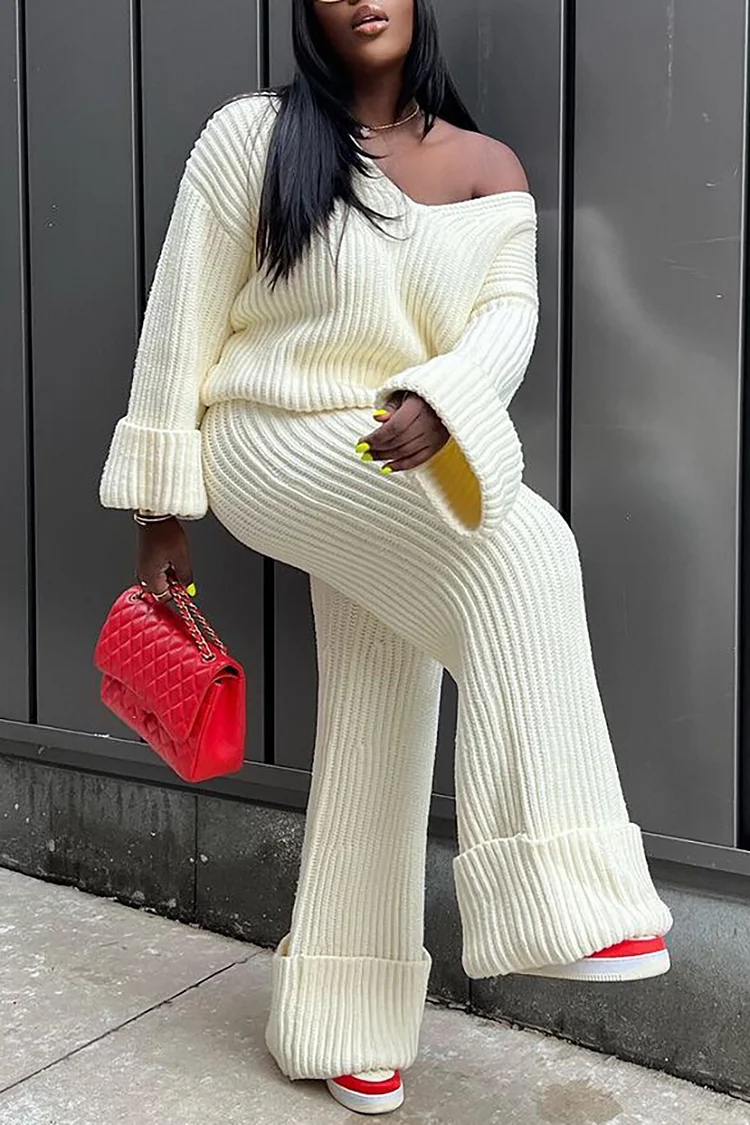 Pleated Knit Off Shoulder Long Sleeve Sweater Straight Leg Pants Matching Set-White