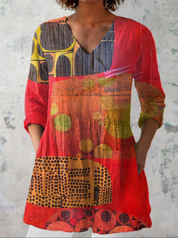 Womens Geometric Art Pattern Casual Linen V-Neck Shirt