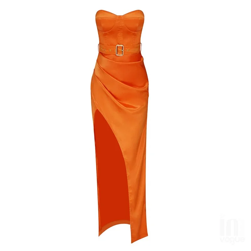Newest Summer Bodycon Dress 2023 Women  Strapless Backless Split Orange Maxi Long Elegant Evening Party Club Dress Vest files