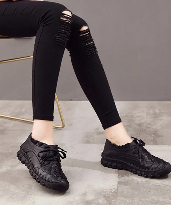 DIY Beige Cowhide Leather Flat Shoes For Knit Fabric Lace Up Flat Shoes
