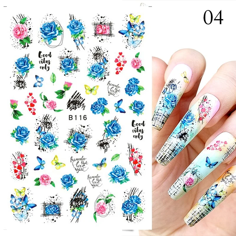 1 Pc Geometric Rose Flower 3D Nail Stickers Butterflies Heart Love Nail Decals Slider DIY Nail Art Decotaion Nail-Nail Inspo