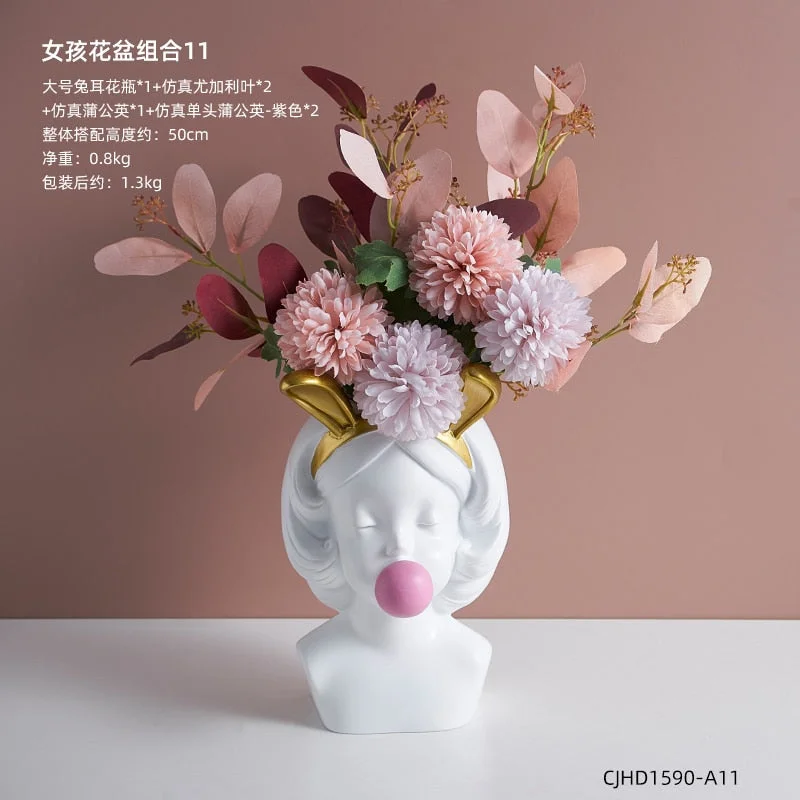 Nordic style girl flower pot plant resin flower pot rabbit ear/cat ear girl potted modern living room decoration decoration gift