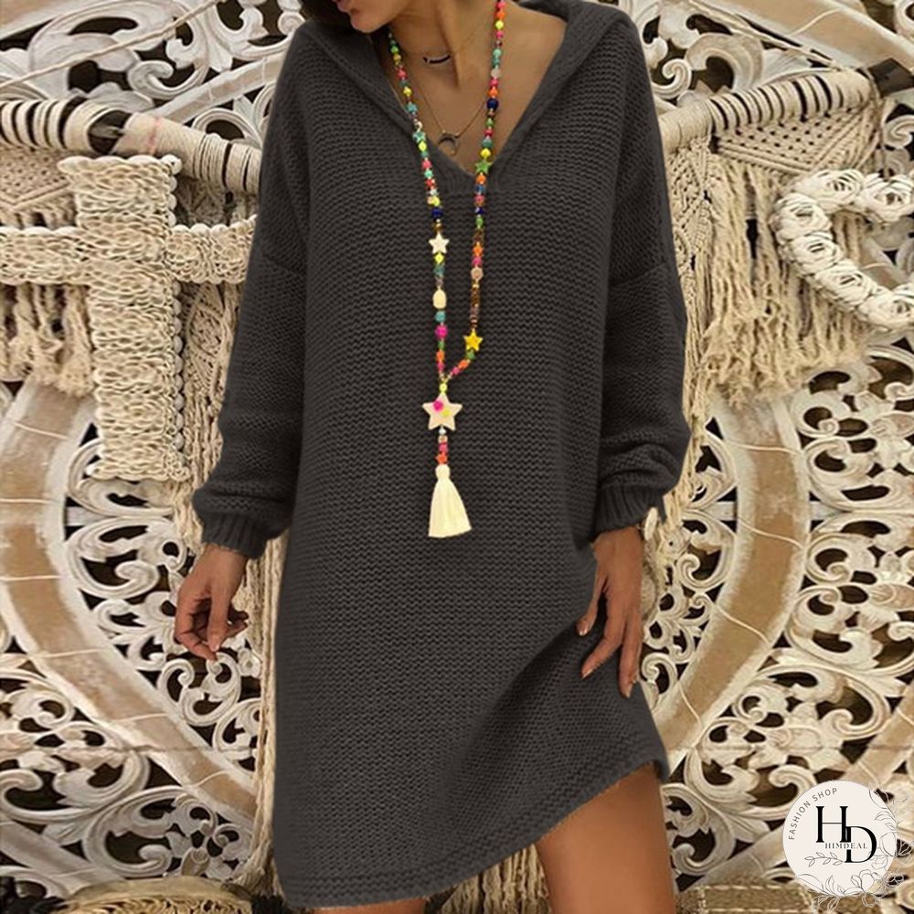5 Color Autumn New Women Fashion Casual Style Long Sleeve Knitted Sweater Solid Color Knitted Dress Long Hooded Pullovers Sweater Plus Size