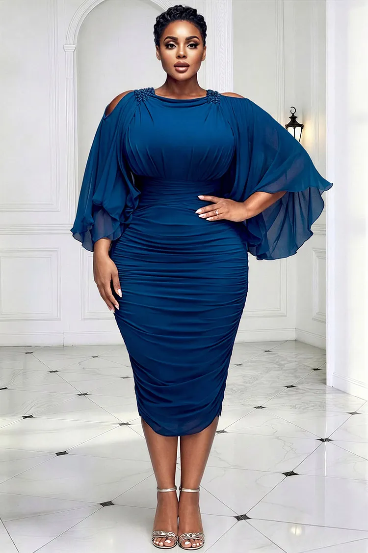 Xpluswear Design Plus Size Churchs Elegant Blue Round Neck Cold Shoulder 3/4 Sleeve Fold Bodycon Midi Dresses [Pre-Order] 2024 - Xpluswear