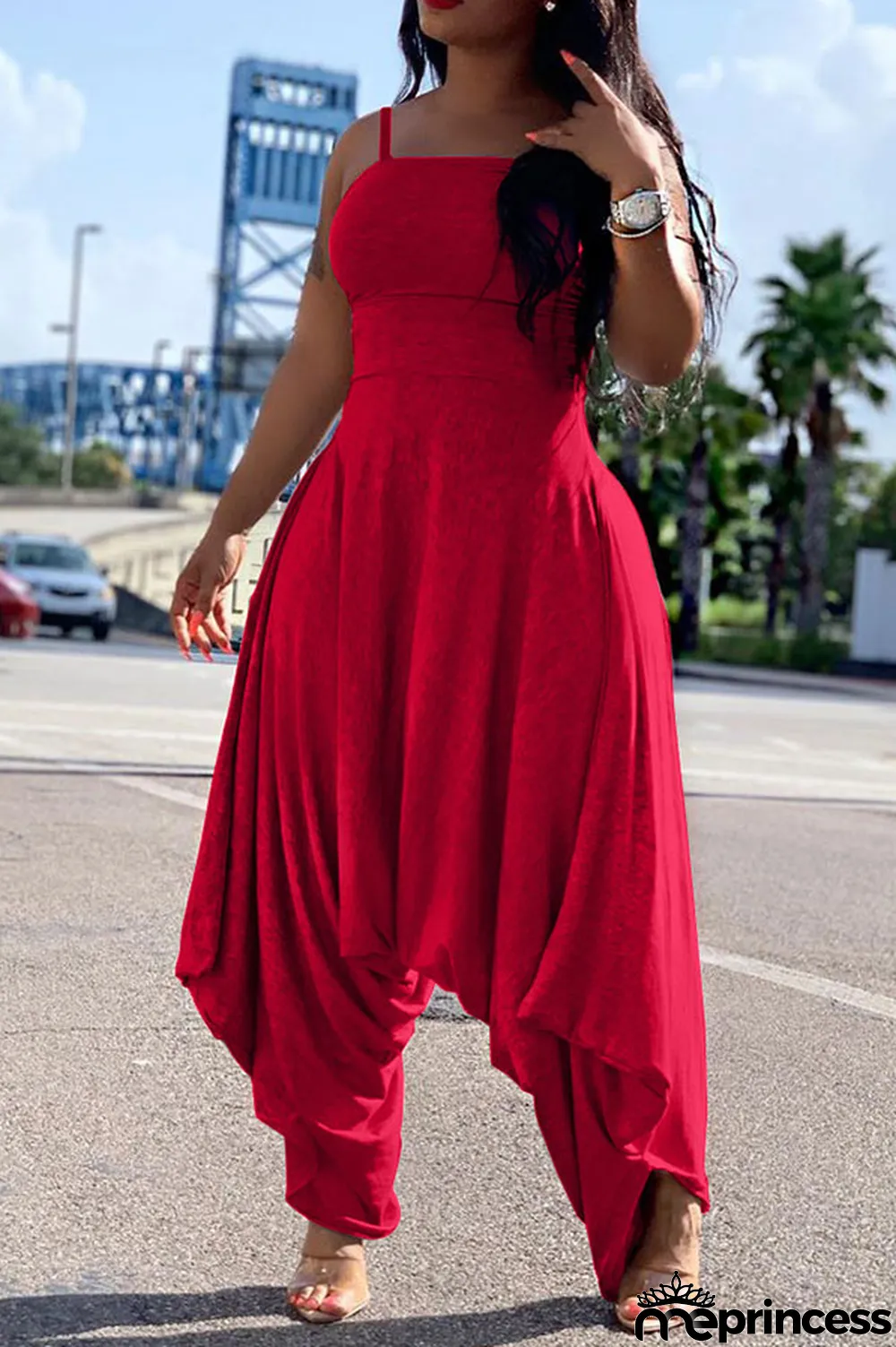 Blue Fashion Sexy Patchwork Solid Polyester Sleeveless Slip Jumpsuits