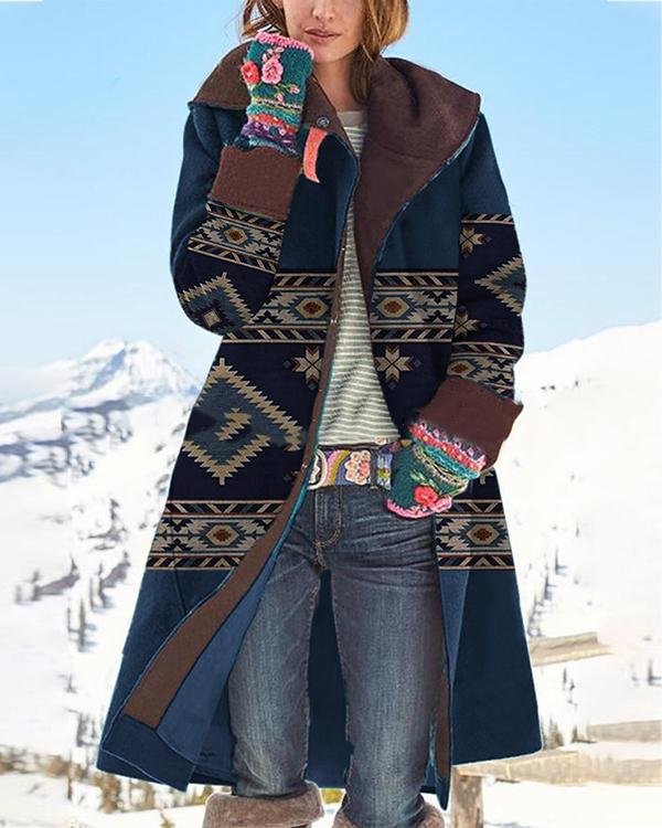 Women Vintage Print Button Long Sleeve Woolen Warm Coat