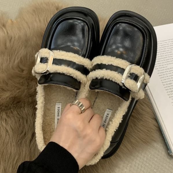 Women's Casual Colorblock Round Toe Mid Heel Plush Shoes