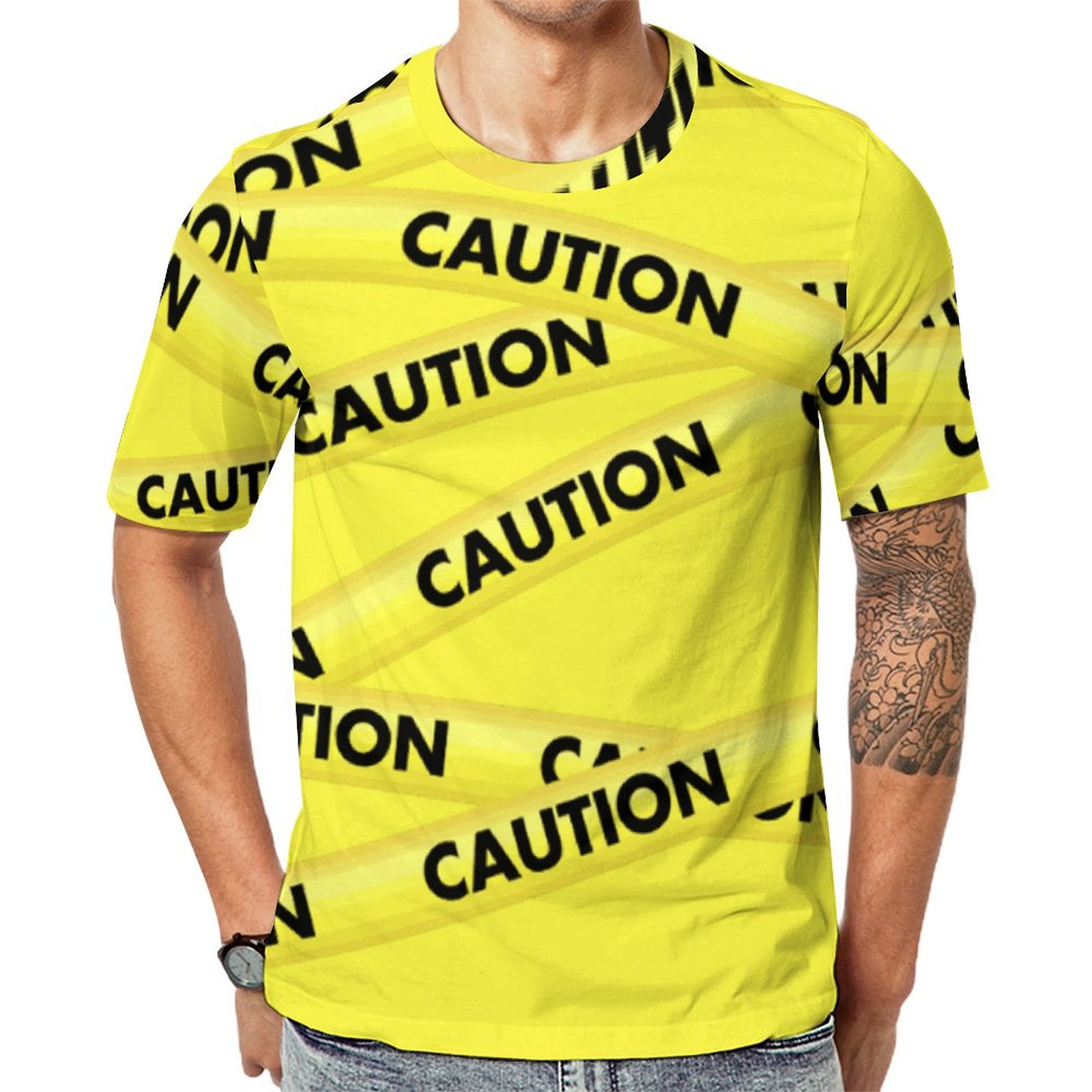 Funny Trendy Yellow Black Caution Tape Short Sleeve Print Unisex Tshirt Summer Casual Tees for Men and Women Coolcoshirts