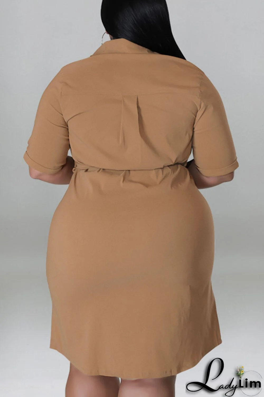 Black Casual Solid Patchwork Buckle Turndown Collar Straight Plus Size Dresses