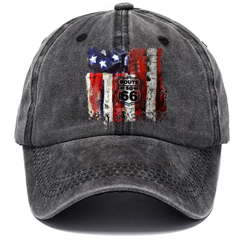 American Flag Route 66 Jesus Cross Printed Baseball Cap Washed Cotton Hat / [viawink] /