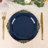 10 Pack | 10" Round Plastic Dinner Plates in Vintage Navy Blue, Gold Leaf Embossed Baroque Disposable Plates
