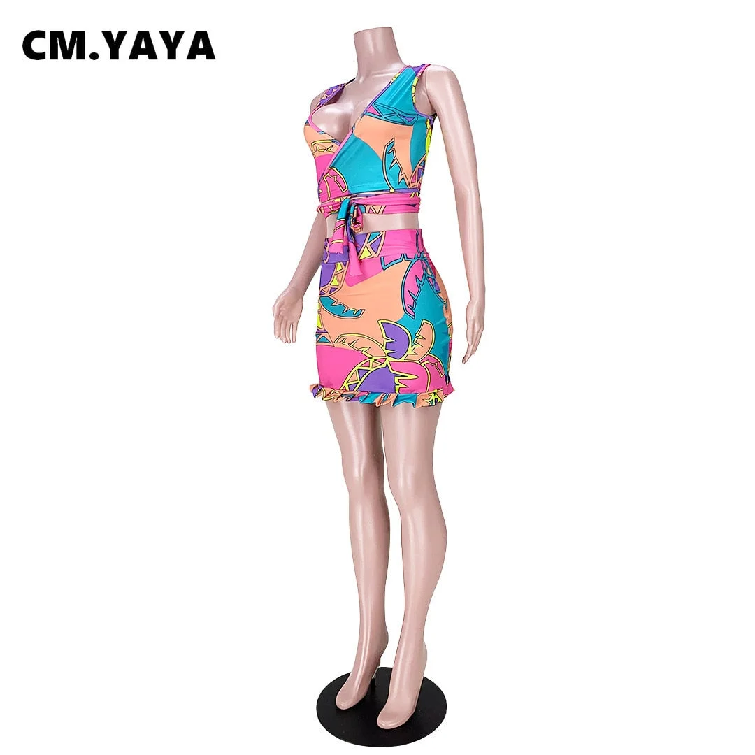 CM.YAYA Women Set Print V-neck Crop Tanks Tops Mini Skirts Two 2 Piece Sets Sexy Fashion Tracksuit Casual Outfit Summer 2021