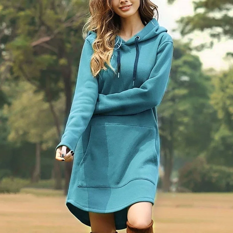 2021 Women's Solid Color Long Hoodies Fashion Girl's Loose Hoodies Dresses Korean Style Casual Long Sleeve Hooded Sweatshirts