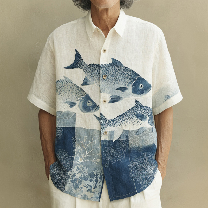 Men's Japanese-style Art Fish Print Color-blocked Short-sleeved Shirt  artssus