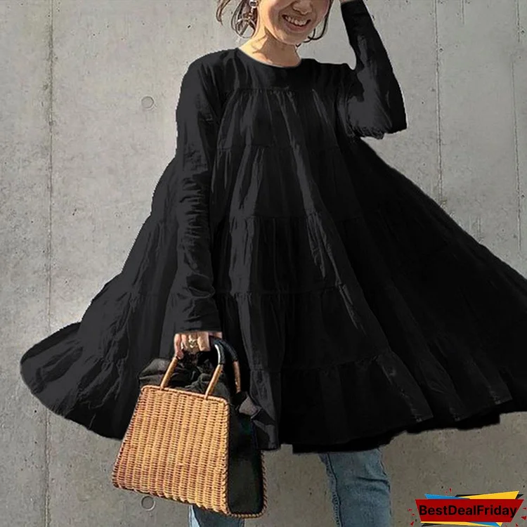 S-5XL Women Casual Loose Long Sleeve Ruffled Mini Dresses Solid Color Holiday T-shirt Dress Blouse Tops Kleid