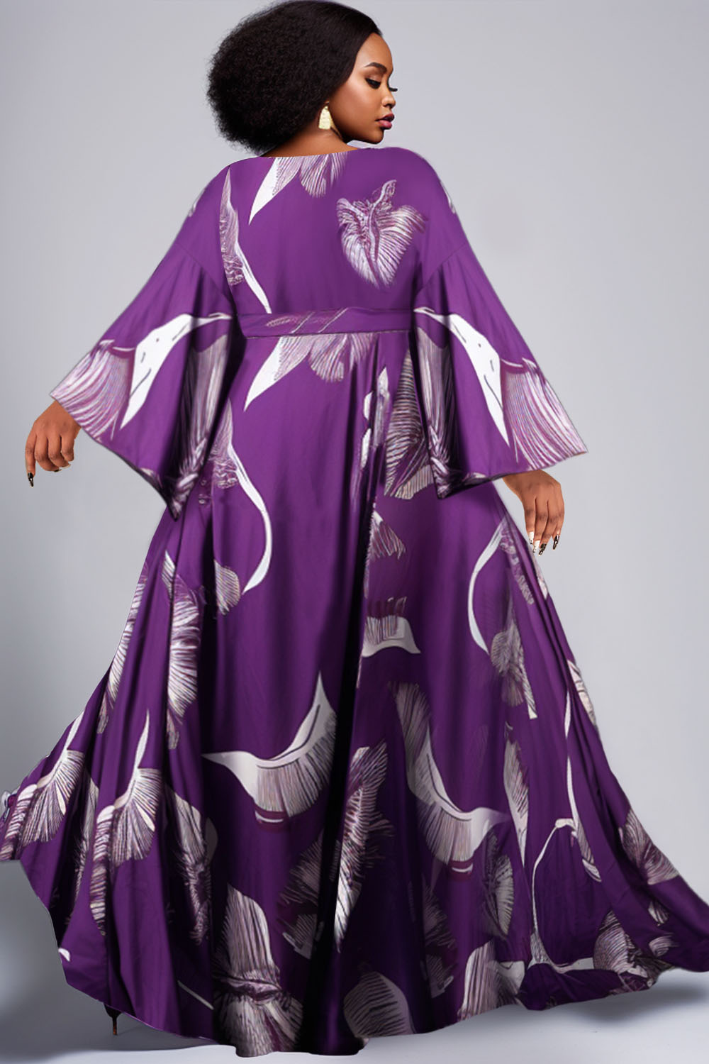 Design Plus Size Purple All Over Print  V Neck Flare 3/4 Sleeve Lace Up Chiffon Maxi Dresses [Pre-Order]