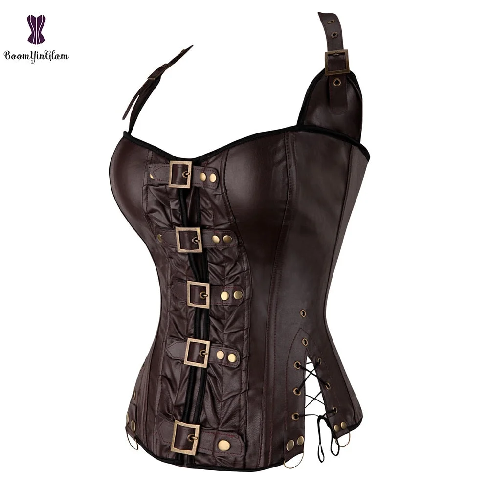 Punk Style Halterneck Basque Corselet Women Body Shaper Lace Up Boned Corset Black Brown 901#